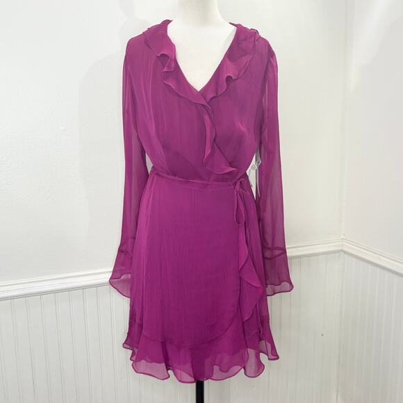 WAYF Size L Chiffon Wrap Mini Dress Ruffle Sheer Bell Sleeve Coquette Wedding - Picture 1 of 14